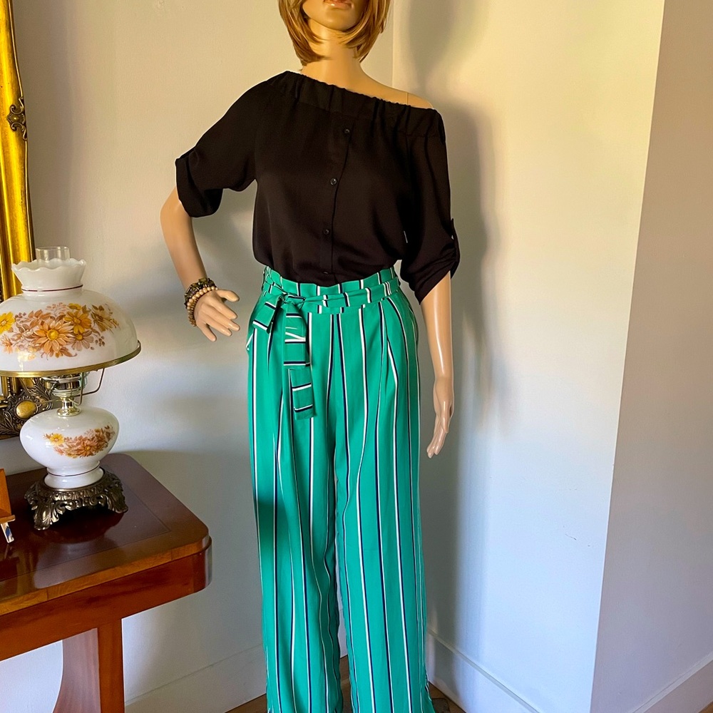 Green black and white striped pants. length 112 cms and leg width 30 cms.